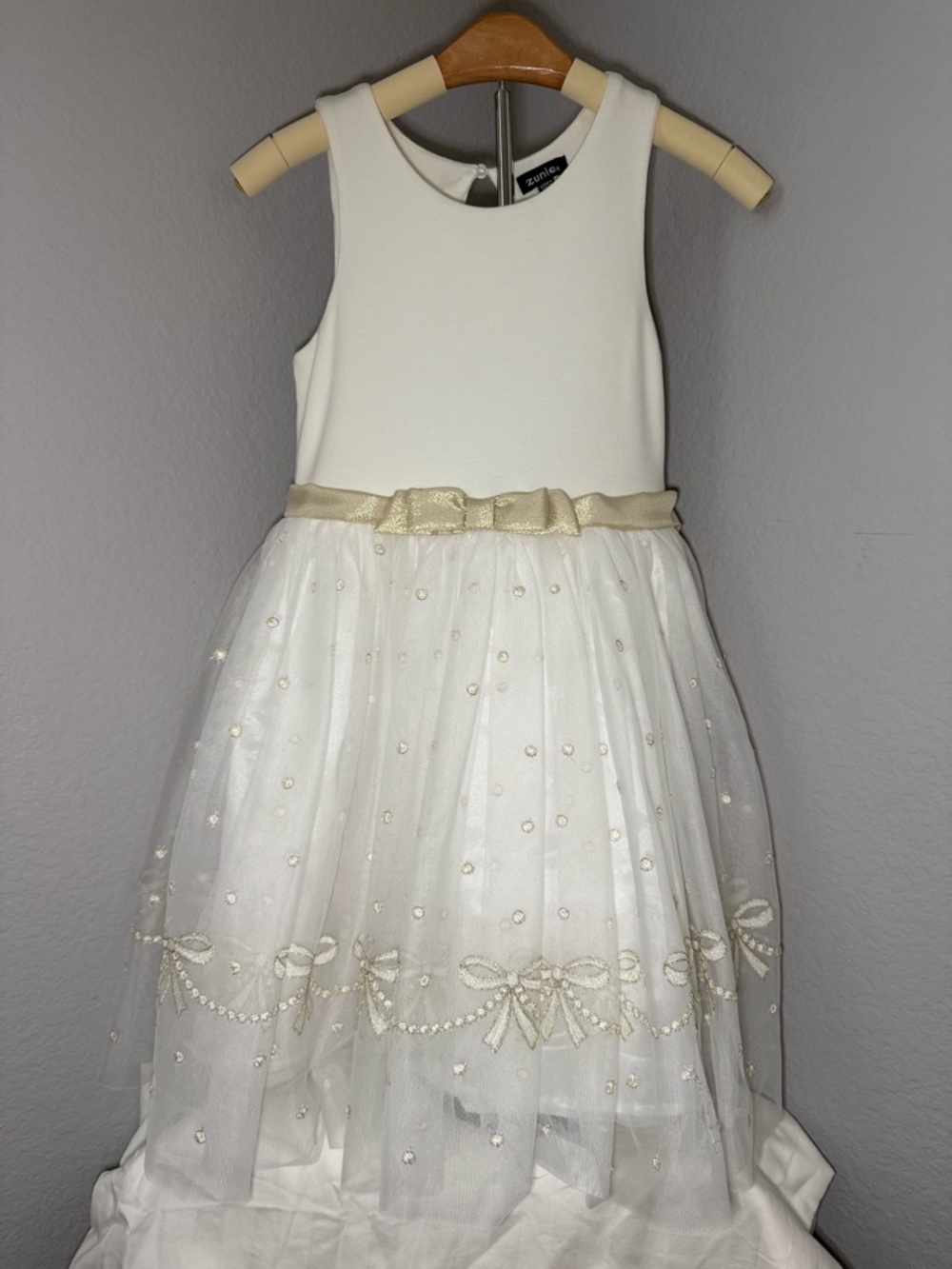Zunie Kids Girls Size 8 Ivory Gold Dress Tulle Bow Special Occasion Holiday